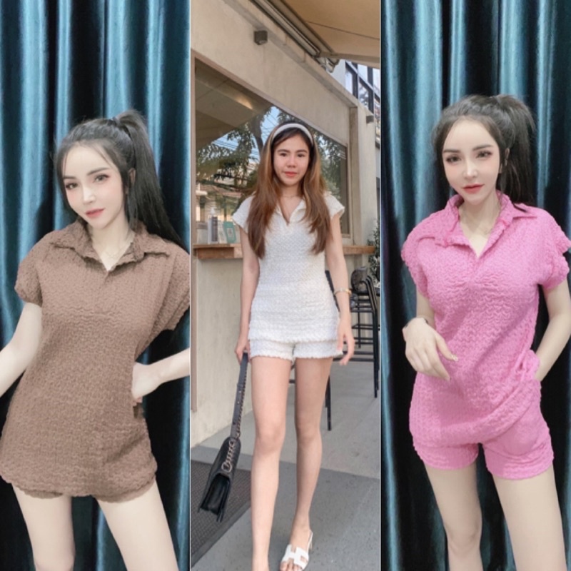ชุดเซ็ทเสื้อเชิ๊ตแขนสั้น+กางเกง ผ้าย่นยืดงานดรมาก พร้อมส่ง