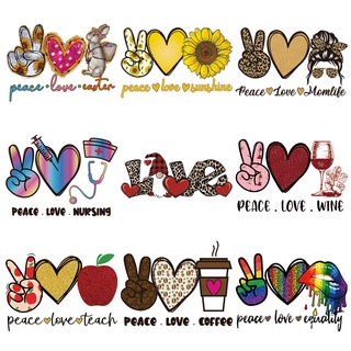 แผ่นสติกเกอร์รีดร้อน ลาย Iron On Peace Love DIY สําหรับติดตกแต่งเสื้อผ้า เสื้อยืด