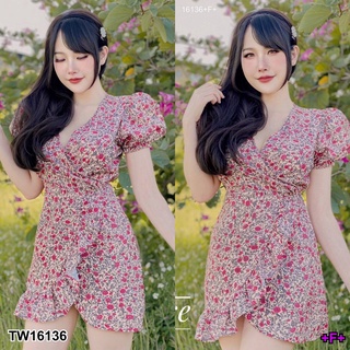 TW16136 Minidress แขนสั้นแขนตุ๊กตา ลายดอก