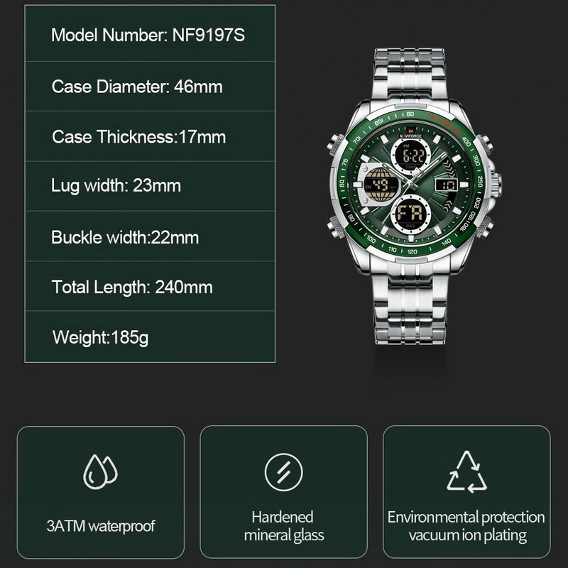 Naviforce นาฬิกาข้อมือผู้ชาย สปอร์ตแฟชั่น รุ่น NF9197S แสดงเวลา 2 ระบบ ดิจิตอล+อนาล็อก สายสแตนเลส กันน้ำ ระบบอนาล็อก