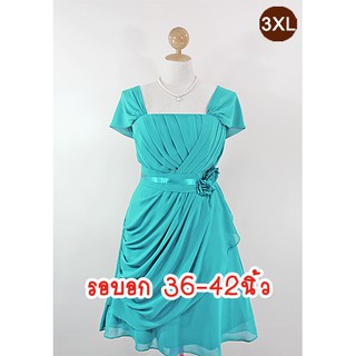 E1482-8-3XL-ชุดราตรีคนอ้วน สีเขียวเทอร์ควอยซ์ ผ้าชีฟอง กระโปรงจับจีบเฉียงดูหรูหรา ช่วงเอวประดับดอกไม้ มีแขนปล่อยคลุมลงมา