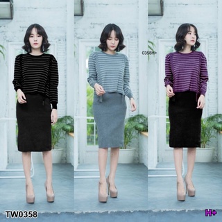 👗Pfashion [ส่งไว!!🚛] P0358 Set 2 ชิ้น ไหมพรม เสื้อแขนยาวลายริ้ว (TW0209)