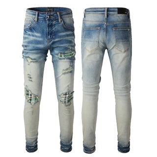 [🔥พร้อมส่งทุกสี] AMIR elastic patch ripped jeans mens trend personality stretch slim fit jeans