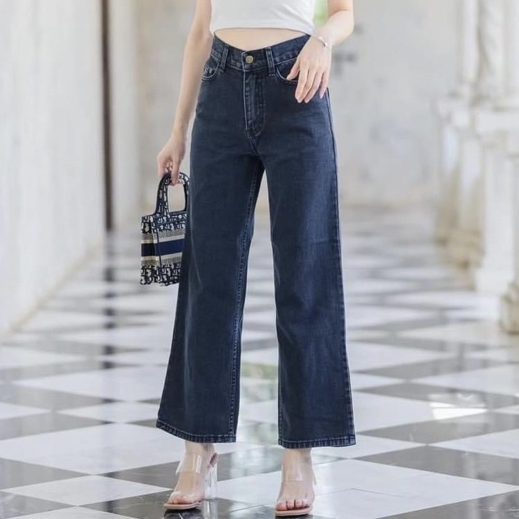 RittaJeans กางเกงยีนส์ เอวสูง ทรงกระบอก ผ้าไม่ยืด สตรีท ผู้หญิง เรียบ สีดำฟอก ยาว 36 นิ้ว