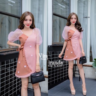 SS13481 Dress เดรสสั้น ทรงป้ายหน้า ผูกโบว์ข้าง แขนพองแต่งผ้าซีทรูลายจุด ติดดอกไม้