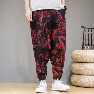 กางเกง ผู้ชาย Fashion Men Printed Harem Pants Loose Elastic Waist Pantalon Streetwear Joggers Casual