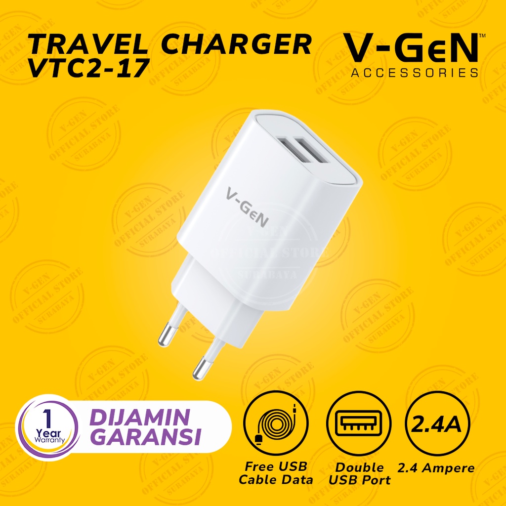 V-GeN VTC2-17 2.4A Dual Port USB Travel Charger Adapter VGEN