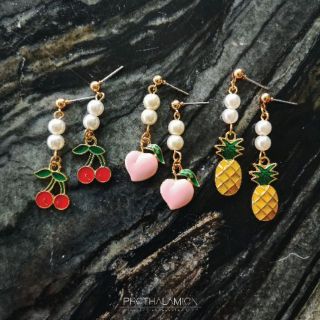 Cute Korea Cherry Peach Pineapple Pearl Earrings ต่างหู ตุ้มหู เกาหลี เชอรี่ สีแดง พีช ชมพู สับปะรด เหลือง มุก น่ารัก