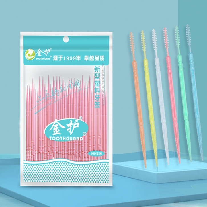 Plastic toothpick brush with double head Disposable. For household use, 1 pack of 100 pcs.Oral care