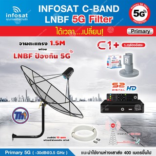 THAISAT C-BAND 1.5M (ขางอยึดผนัง 53 CM.) + กล่อง PSI S2 HD + LNB 5G infosat รุ่น C1+ แถมสายRG6ตามชุด