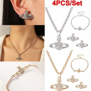 4pcs Crystal Saturn Heart Orb Set Necklace + Bracelet + Earrings Pendant Chains