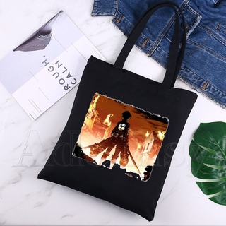 Attack On Titan กระเป๋าถือกระเป๋าช็อปปิ้งสําหรับสตรีผ้าใบ Tote สีดํา