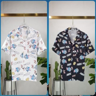 เสื้อฮาวายพิมพ์ลาย Tom&amp;Jerry(ขาว/ดำ)M/L/XL