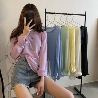 [พร้อมส่ง] เสื้อยืดแขนยาว แบบบาง กันแดด ทรงหลวม สีขาว แฟชั่นบอททอม สําหรับผู้หญิง