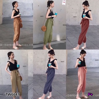 TW6641 Set 2 ชิ้น เสื้อกล้ามผุกไหล่ ผ้าโฟร์เวย์สีพื้น มาคู่กับกางเกงขายาว เอวระบาย ผ้าคอมพ์รอบเอวยืดสม็อค แต่งจั้ม