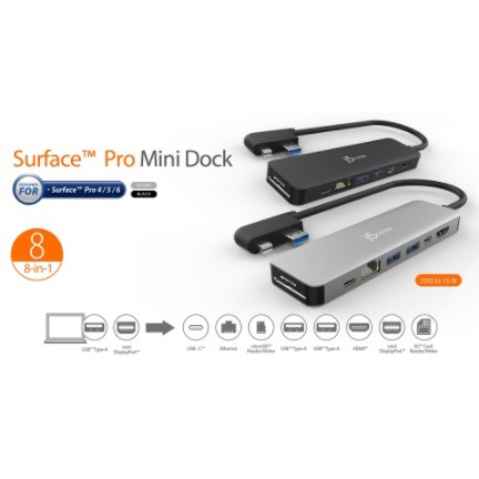 J5 Create MINI DOCK 8-in-1 สําหรับ SURFACE PRO 4/5/6 | พอร์ตแสดงผลขนาดเล็ก | เครื่องอ่านการ์ด | HDMI