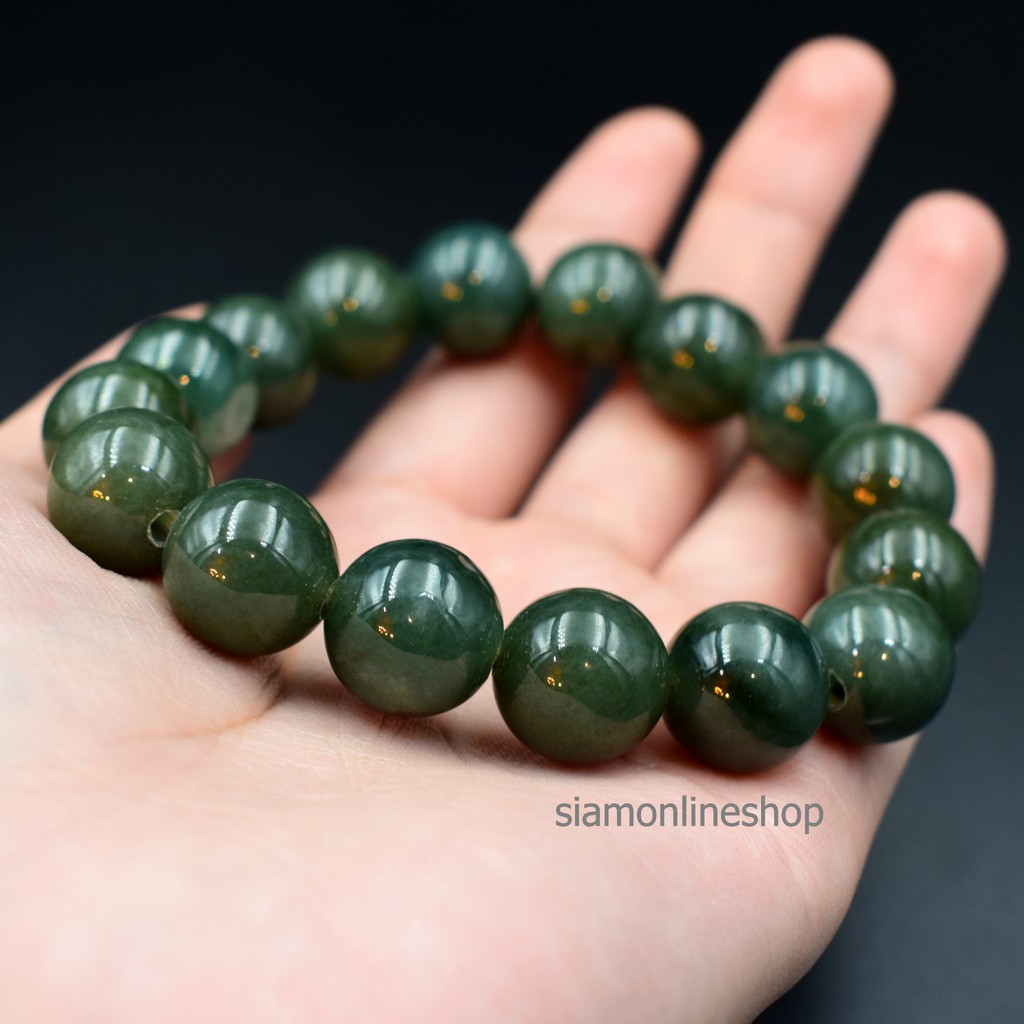 JADE หยกพม่าแท้ โทนสีเขียวเข้ม ขนาด 12 มม. เกรดพรีเมียม by siamonlineshop