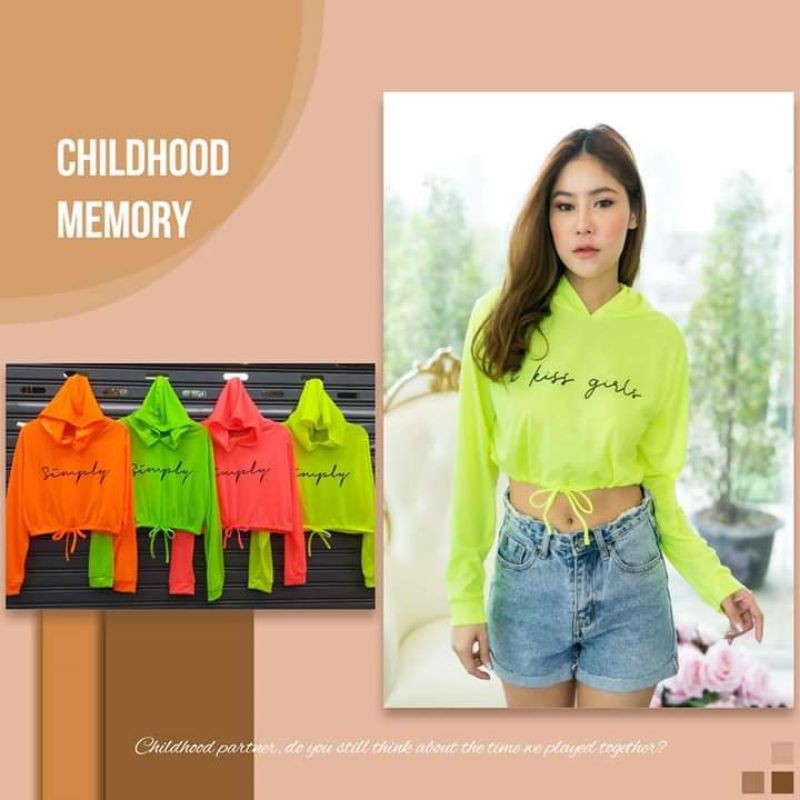 เสื้อครอปมีฮู้ดสีนีออนแขนยาวฟรีไซส์