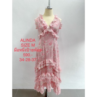 เดรสยาว สีชมพู ลายดอก มือหนึ่งป้ายห้อย ALINDA SIZE M