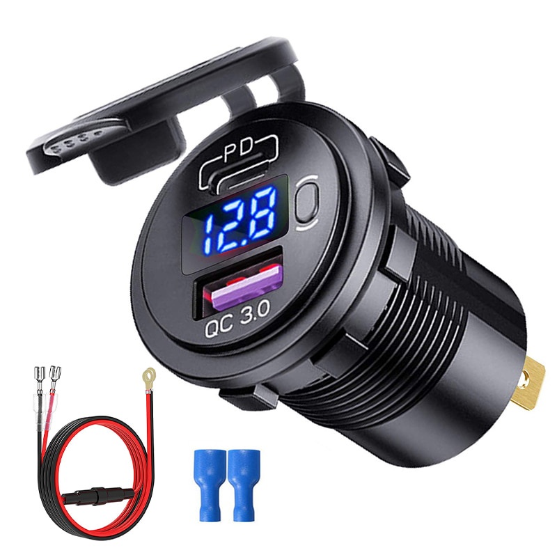 เครื่องชาร์จไฟ USB Type-C สำหรับรถยนต์ และ QC 3.0 เครื่องชาร์จด่วน 12V ปลั๊กไฟ พร้อมสวิตช์เปิด / ปิด สําหรับรถจักรยานยนต์ RV-ATV