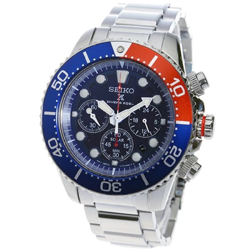 SEIKO Solar Sport Chronograph Diver's 200 m. Men's Watch รุ่น SSC019P1 - สีเงิน/สีน้ำเงิน/สีแดง