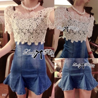 󾔏 Lady Ribbons Made 󾔏 Lady Mariesa Lace Panelled Denim ,Mini dressสั้นช่วงอกแต่งลูกไม้ ใส่เปิดโชว