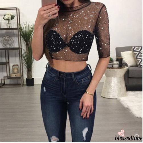 Aydღtrendy Women เสื้อผ้าลําลองซีทรู Sheer Mesh ครึ่งแขนเสื้อโพลีเอสเตอร์