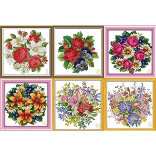 ครอสติชพิมพ์ลาย ดอกไม้ ช่อดอกไม้ กุหลาบ ลิลลี่ กล้วยไม้ เดซี่ ดอกไม้ป่า (Flower cross stitch kit)