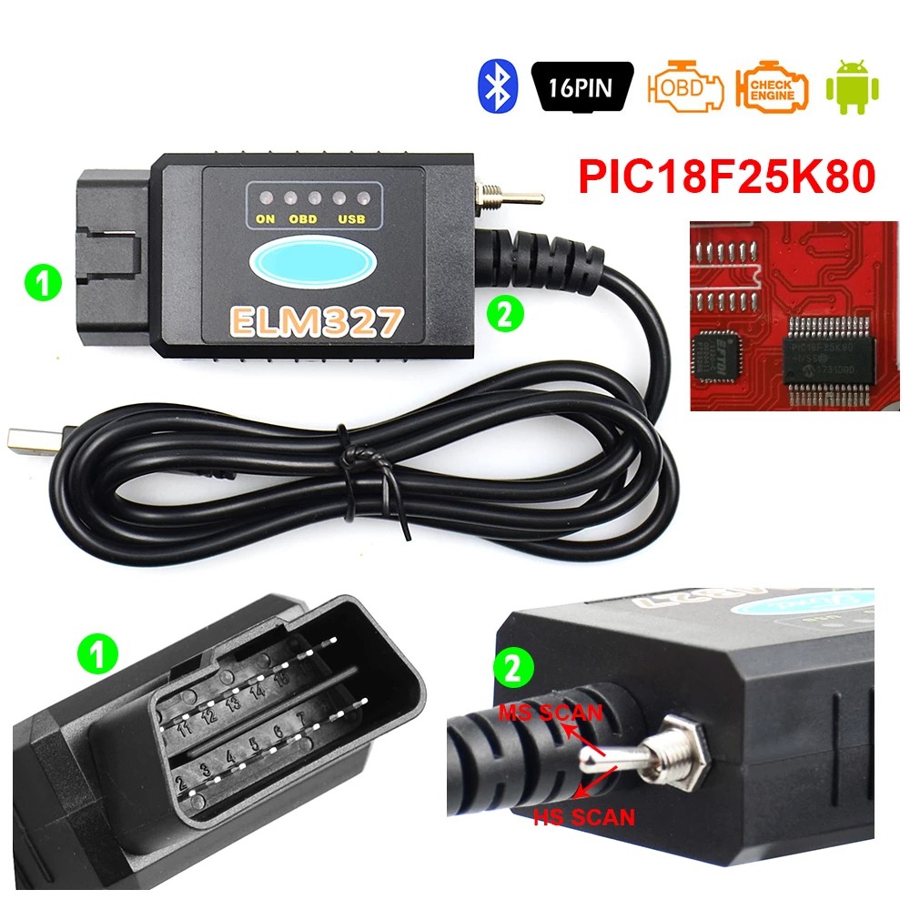 ELM327 USB V1.5 FTDI FT232RL + PIC18F25K80 ชิปรหัส Reader สําหรับ Ford HS CAN/MS CAN ELM 327 บลูทูธ 