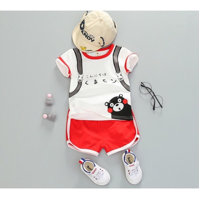 BC457A ชุดเด็ก เสื้อสกรีนกระเป๋าเป้หมีดำ + กางเกง (2ข/3ข/4ข/5ข)