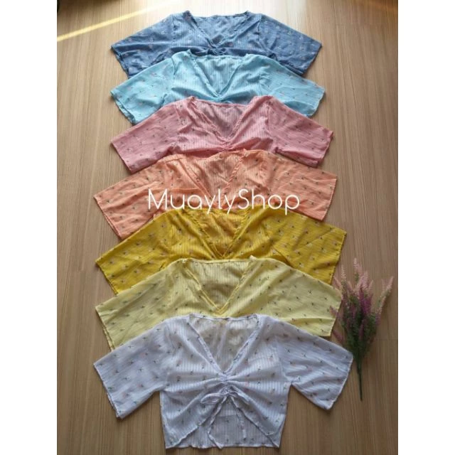 เสื้อครอปแขนสั้น คอวี ลินิน ลายสก๊อต/ปัก มินิมอล thumbnail 10