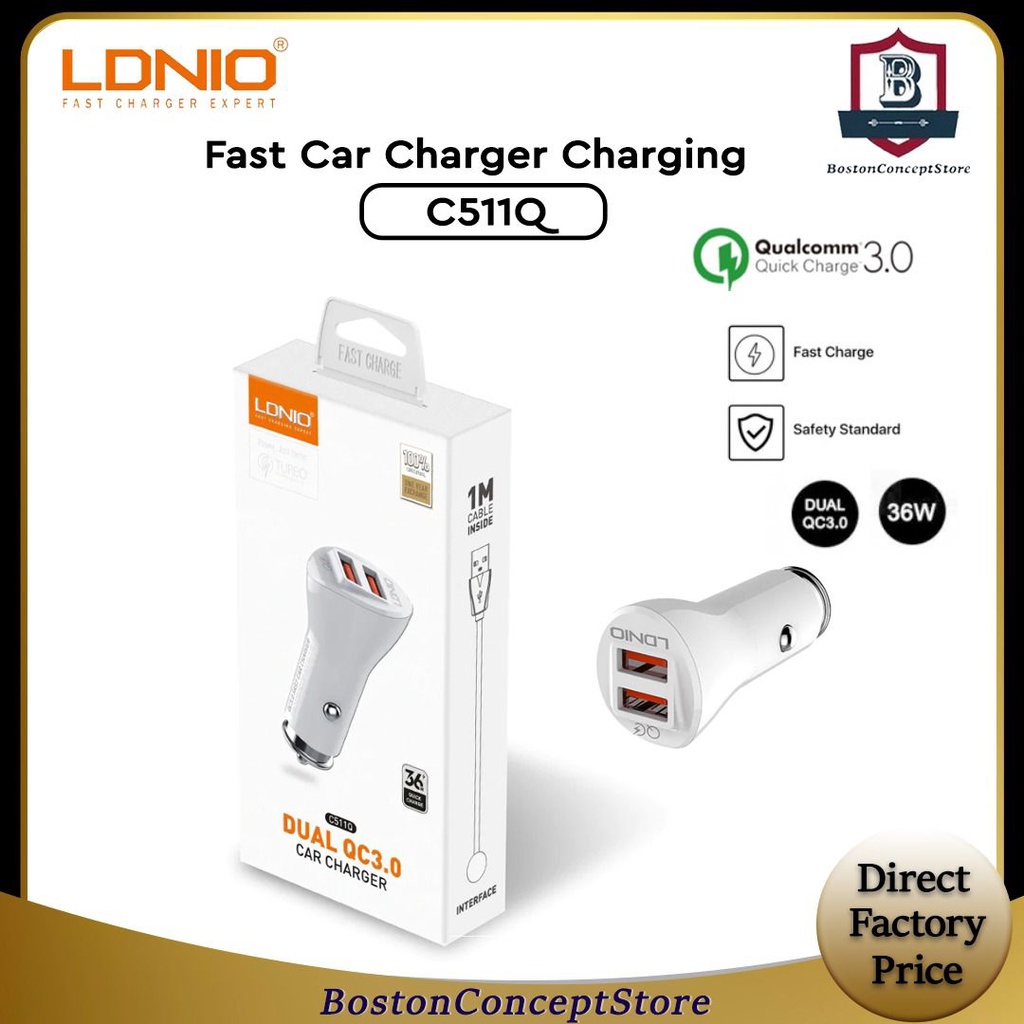 LDNIO BOSTON C511Q Qualcomm 3.0 Fast Car Charger ชาร์จ Dual QC 3.0 พอร์ต USB พร้อมสาย Micro Usb Fast