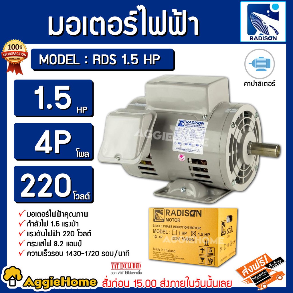 RADISON มอเตอร์ รุ่น RDS 1.5 HP 4P ( 220V ) แรงดัน 1.5 แรงม้า ขดลวดทองแดงแท้ ผลิตที่ประเทศไทย ปั๊มน้ำ