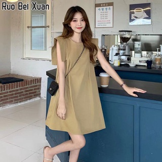 Ruo Bei Xuan เดรสแขนกุดสีทึบสไตล์ใหม่ที่เบาและเป็นผู้ใหญ่ของผู้หญิง