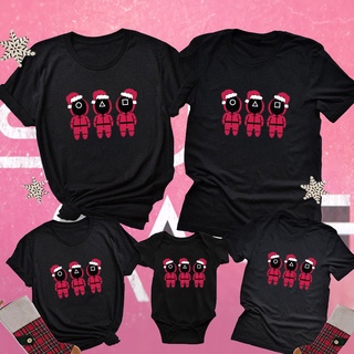 เสื้อยืดSquid Game Merry Christmas Family Tee Shirts Women Men Kids Black Tee Shirts Baby Bodysuit Wear 471