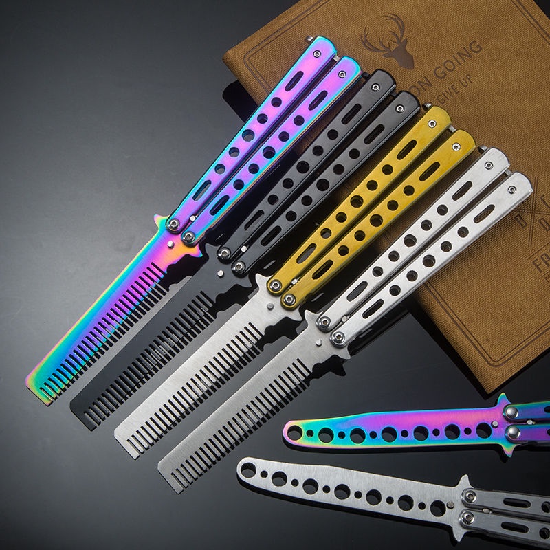 Balisong ปลายหวี สีดำ แบบไร้คมใบแปรงหวี สำหรับซ้อมควง หวีผีเสื้อ