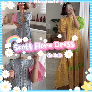 Scott Flora Dress เหลือง/ฟ้า เดรสลายดอกไม้ แขนตุ๊กตา ตัดขอบสีน่ารักๆ เดรสกระโปรง เดรสลายดอก งานป้าย