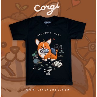 เสื้อยืดผ้าฝ้ายพิมพ์ลายขายดีCorgi " welcome home " Dog on Black Premium T-shirt เสื้อยืด สีดำ ลายน้องหมาคอกี้