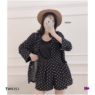 TwinsShopVip💗พร้อมส่ง TW9353 Set 2 ชิ้น เสื้อคลุมสูทแขนยาวลายจุด + กางเกง