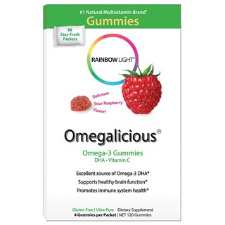 Rainbow Light, Omegalicious, Omega-3 Gummies, Sour Raspberry, 30 Packets, (4