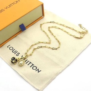 LOUIS VUITTON GOLD V LETTER MINIGRAM NECKLACE BLACK ENAMEL TRUNK AND ENGRAVED EGG-SHAPED CHARM สร้อยคอหลุยส์วิตตอง lv