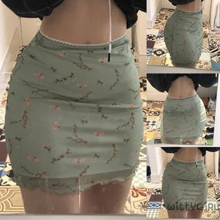 W[]-Women´s Mesh Bodycon Mini Skirt, Vintage Floral Print High Waist Lettuce Trim Short Pencil Skirt