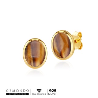 Gemondo ต่างหูเงินแท้ 925 ชุบทอง 18K ประดับพลอยตาเสือ (Tiger Eye)  ดีไซน์ทันสมัย :  : ต่างหูพลอย ต่างหูทอง พลอยแท้