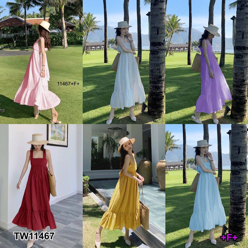 MF11467 Maxi Dress แม็กซี่เดรสสายเดี่ยวยาวสีพื้นผ้าไหมอิตาลี่ ชายระบาย ดีเทลด้านหลังแต่งผูกโบว์ เอวยิดด้านหลัง