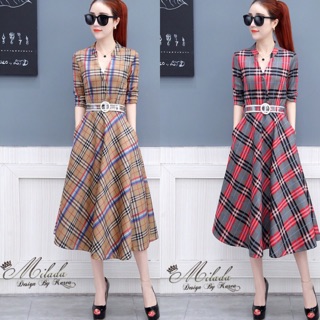 BuRbeRry Dress คอ Y แขนยาว
