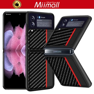 Miimall เคส Z Flip 3 โทรศัพท์ซัมซุง เคสหนังคาร์บอนไฟเบอร์  สําหรับ Samsung Galaxy Z Flip 3 5G 2021