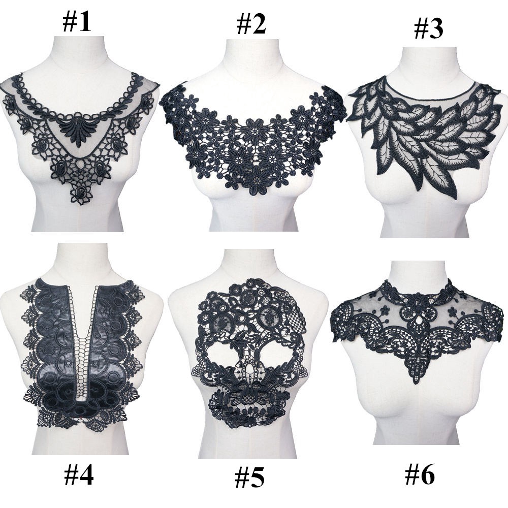 สีดำเย็บปักถักร้อยดอกไม้ลูกไม้ คอปกเสื้อผ้าจักรเย็บผ้า Applique ชุดแต่งงานงานฝีมือ