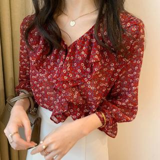 xiao mi jiao เสื้อเชิ้ตคอวีแขนยาวผ้าชีฟองลายดอกไม้สไตล์เกาหลีสําหรับผู้หญิง (s - 5 xl)