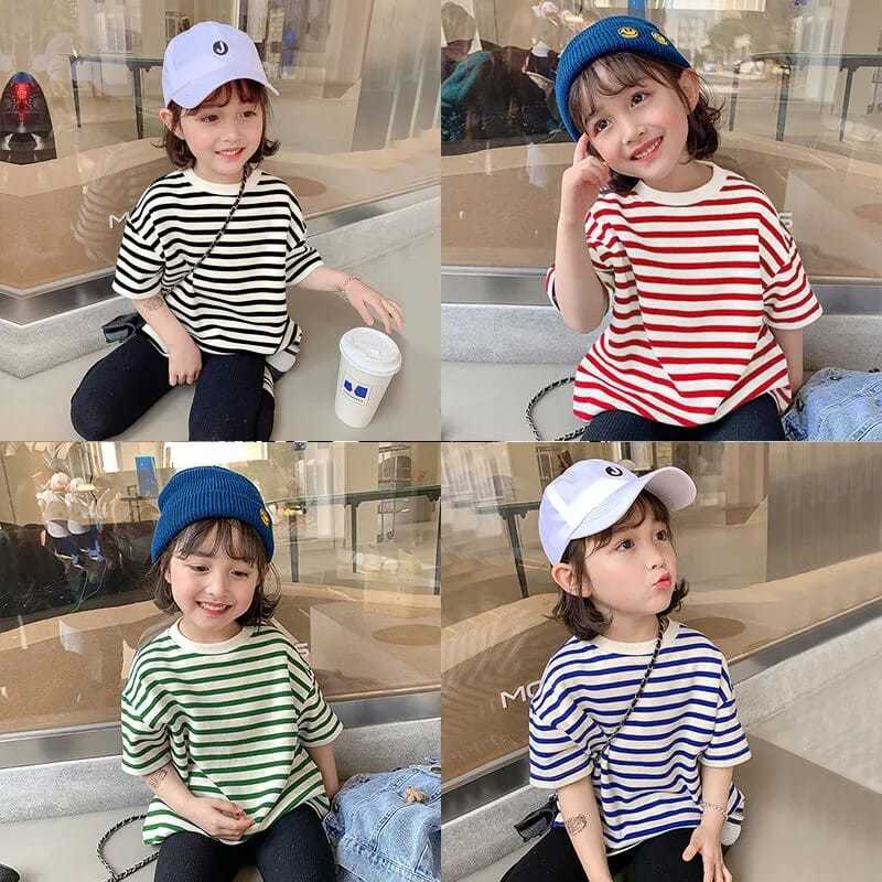 ฤดูร้อนใหม่ เด็กผู้หญิง ผ้าฝ้าย ลายทาง ลําลอง คอกลม แขนสั้น เสื้อยืด 3-8 ปี