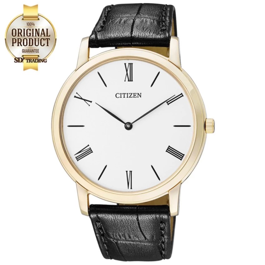 CITIZEN Eco-Drive Stiletto Super Slim Men's Watch Gold White สายหนัง สีดำ รุ่น AR1113-12B